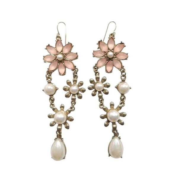 Pink Half Daisy Flower with 18K Gold Plated Pearl Dangle  Vintage Faux Pearls Pink Rhinestone Daisy Floral Dangle Earrings Gold Tone Hook